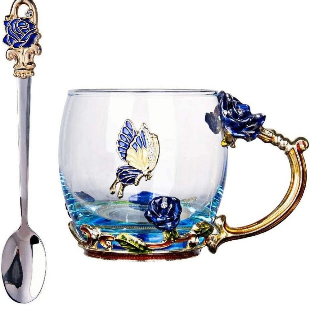 Enamel Butterfly Rose Flower Glass Mug W Spoon